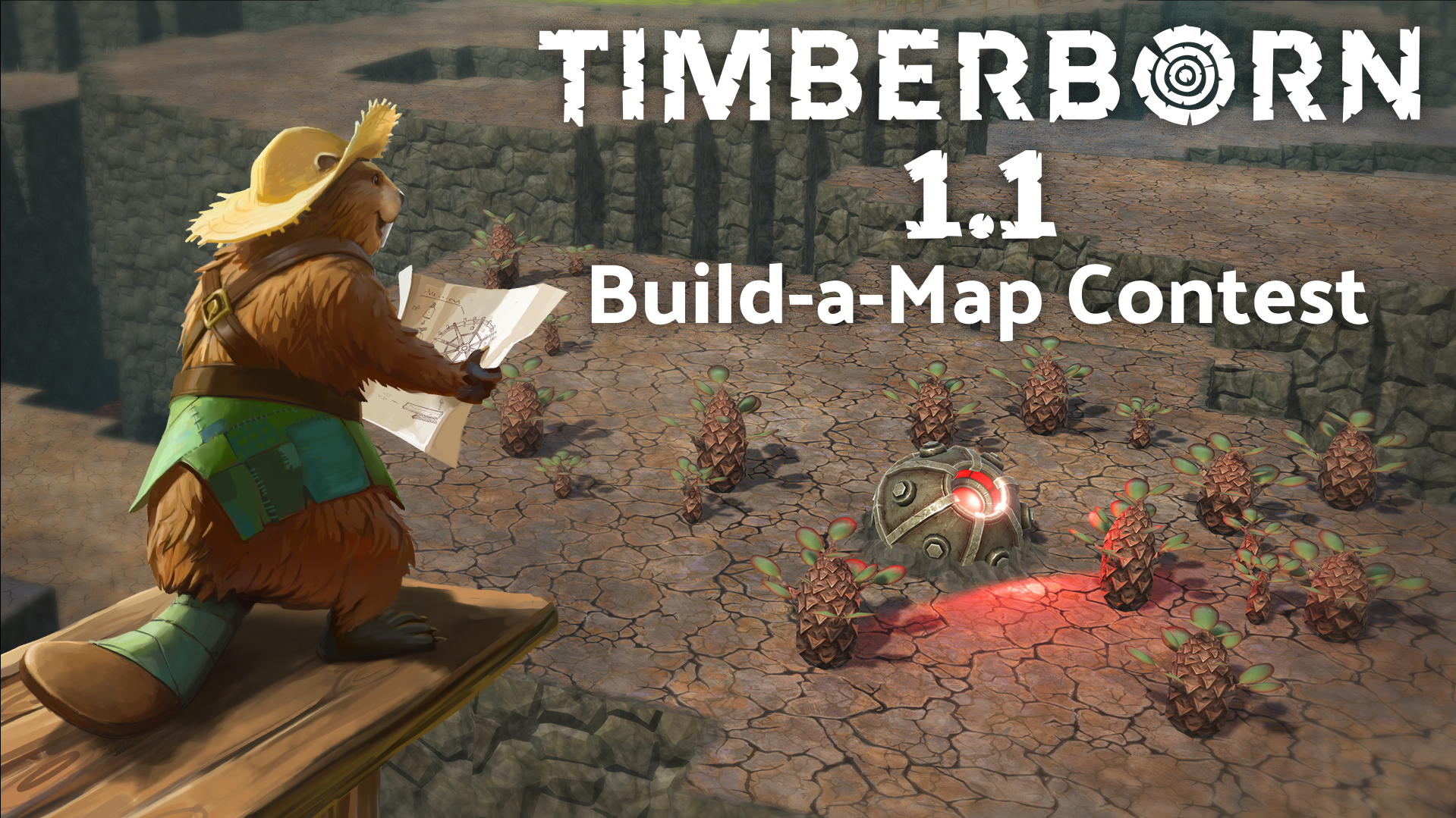 Timberborn 1.1 Build-a-Map Contestの公式告知画像。Mechanistryが10月8日の募集発表に掲載。