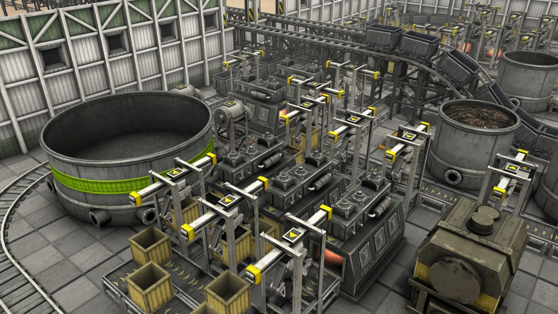 Automation Empire公式紹介画面：工場の内側で、加工機と搬送経路をつなぐ
