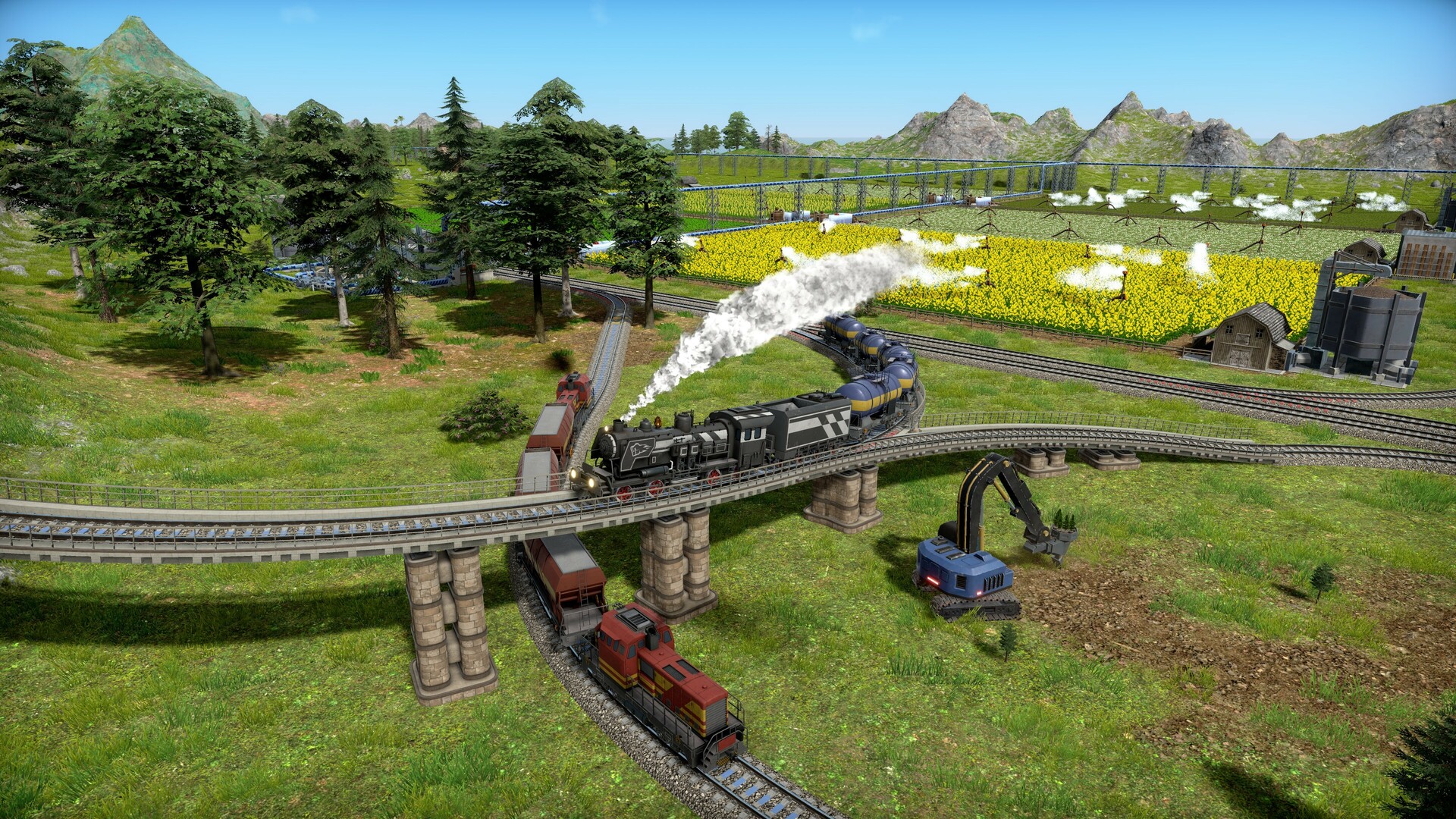 Captain of Industry公式紹介画面：高架の鉄道と、畑のそばを通る物流