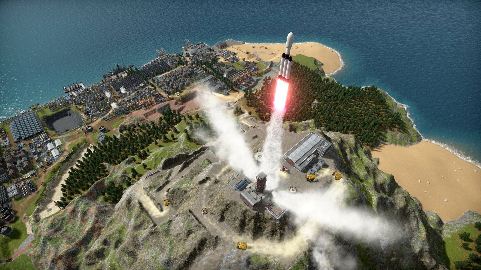 Captain of Industry公式紹介画面：工業化の先に掲げられる、ロケットの打上げ