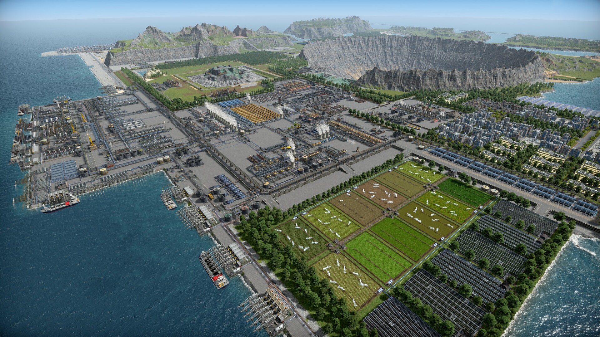 Captain of Industry公式紹介画面：島全体で見る、農地・工場・港と採掘跡