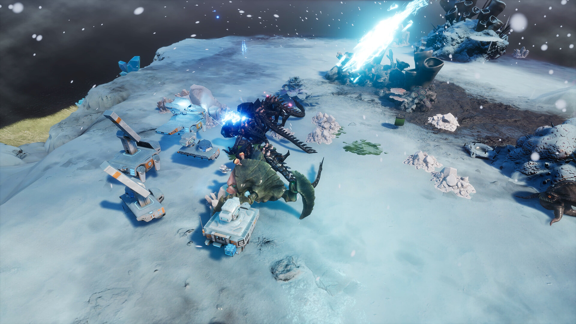 Desynced公式紹介画面：戦闘場面もある拠点建設ゲーム