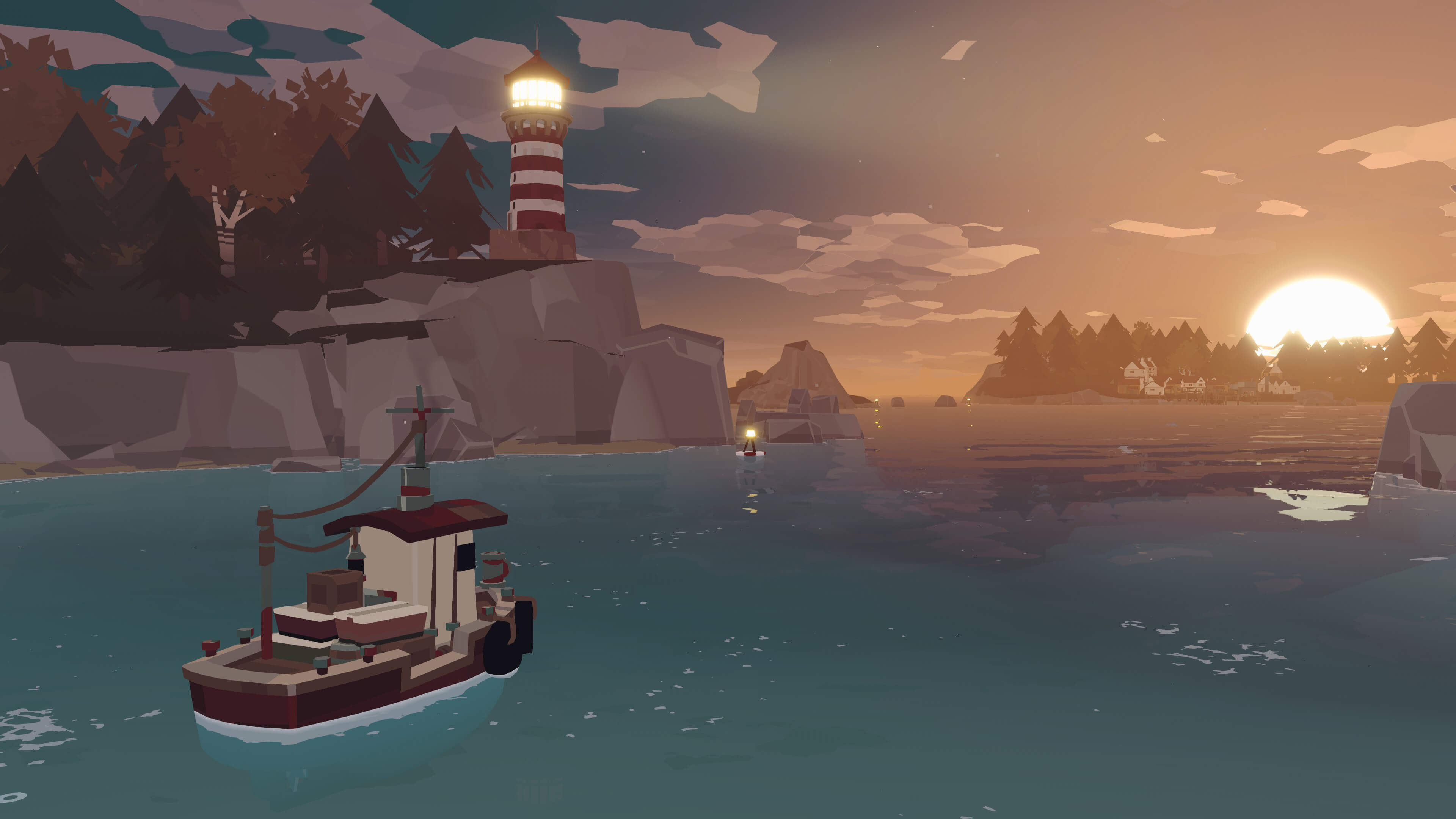 『DREDGE』の漁船が灯台のある港から夕暮れの海へ出る公式PC画面