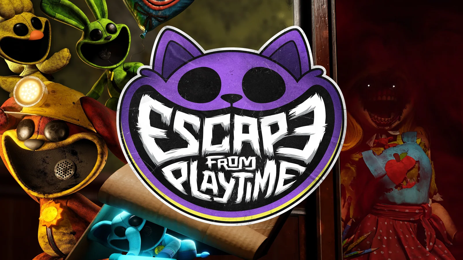 Escape from Playtimeの公式プレス画像。ロゴと工場の住人を示す。