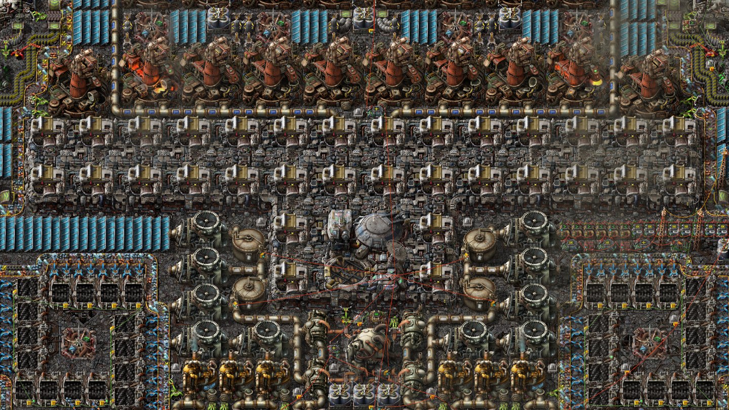 宇宙プラットフォーム上に組み上げた工場と推進設備。Factorio: Space Age公式ゲーム画面