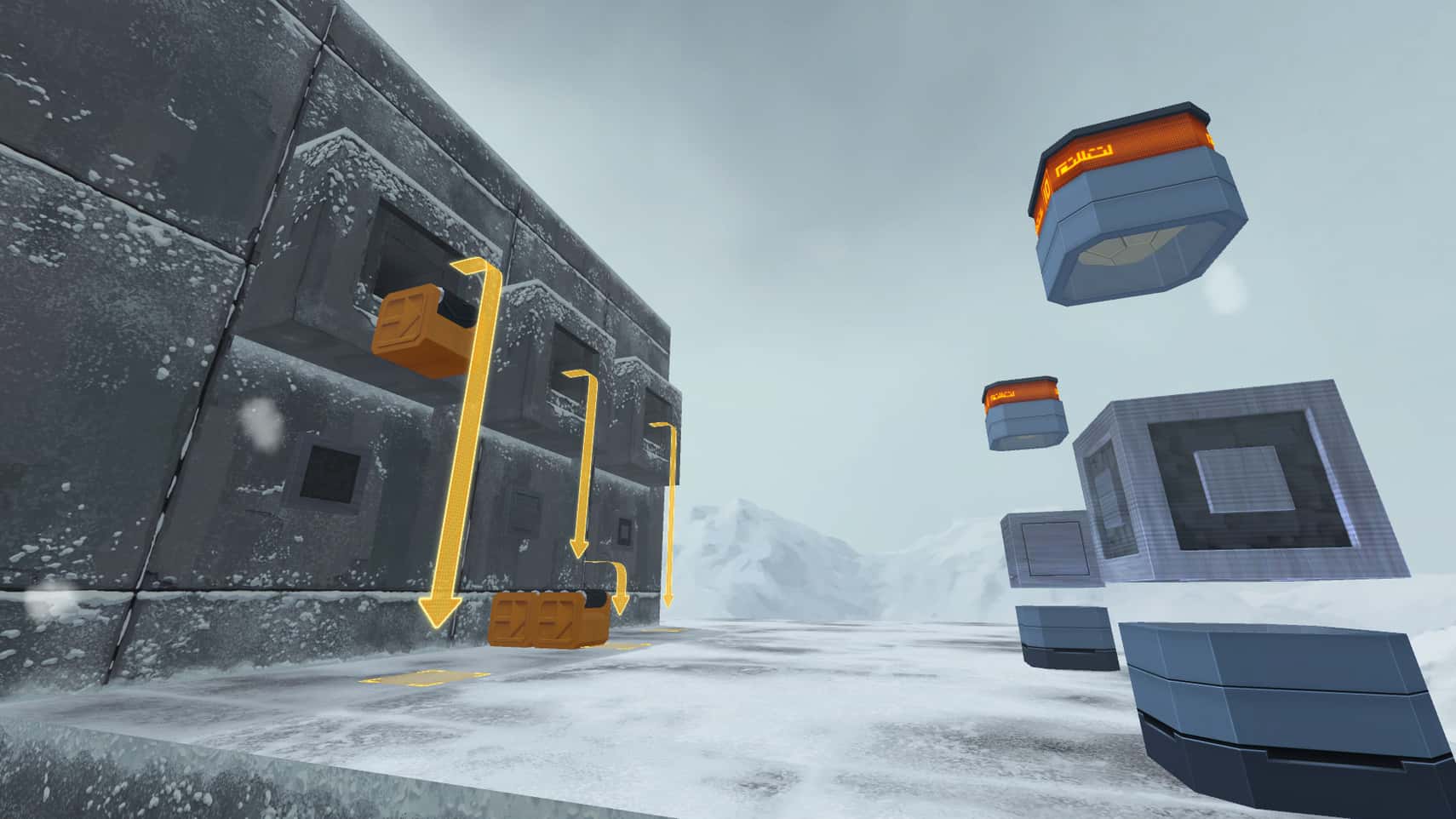 Infinifactory公式紹介画面：同じ雪景色でも、近くで見ると接続の高さが分かる