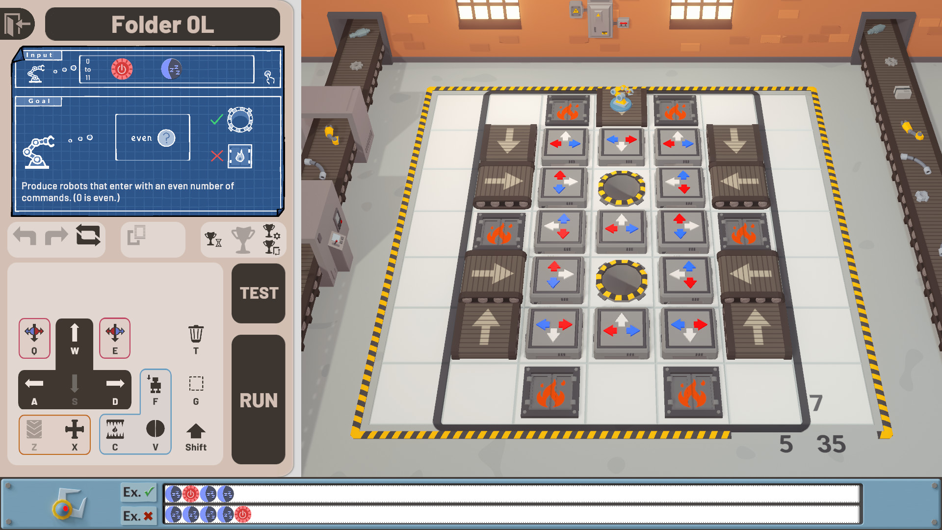 Manufactoria 2022公式紹介画面：分岐した構成では、進む向きと処理を追う