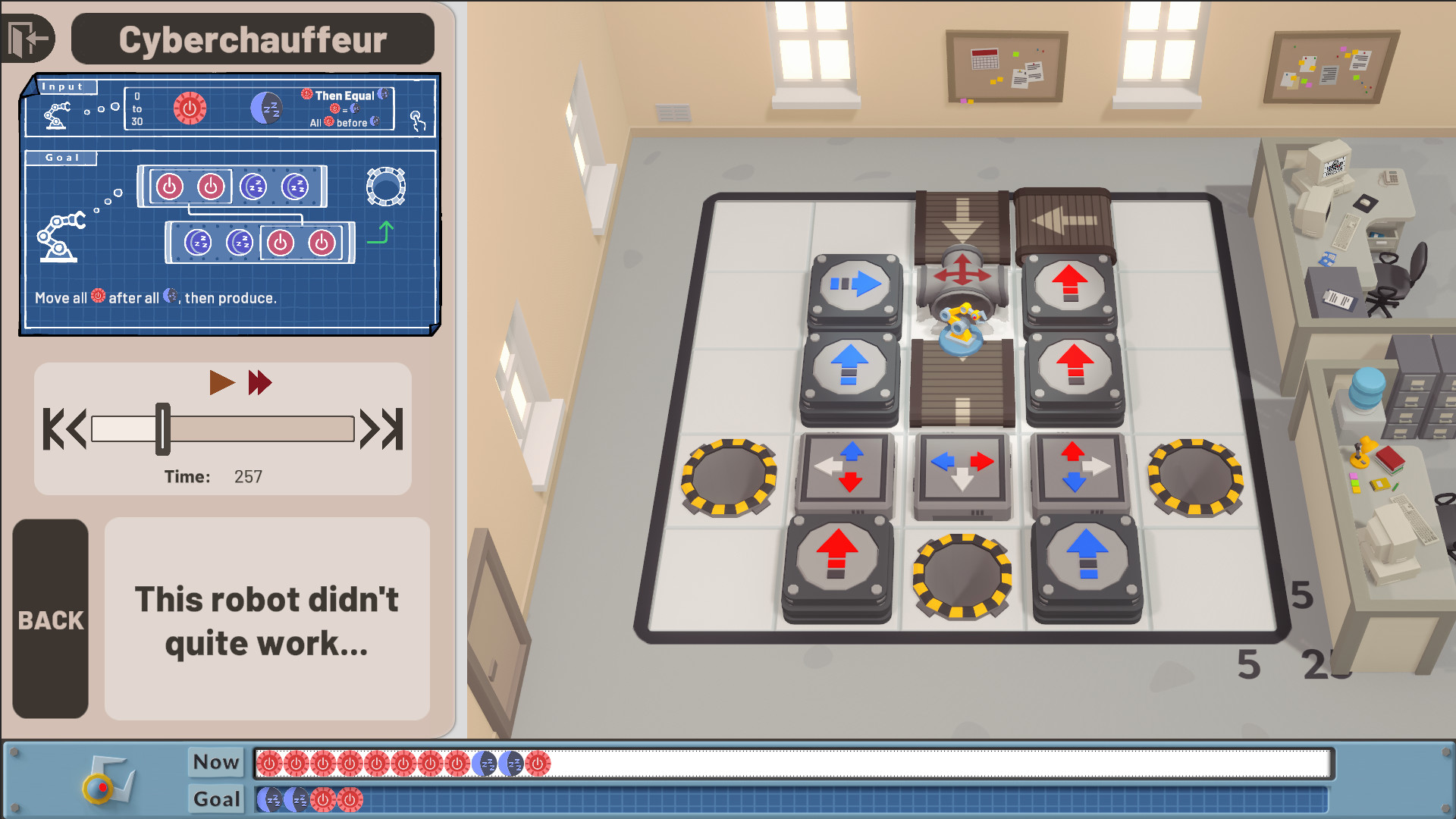 Manufactoria 2022公式紹介画面：失敗した結果を、テープと時間表示で見直す