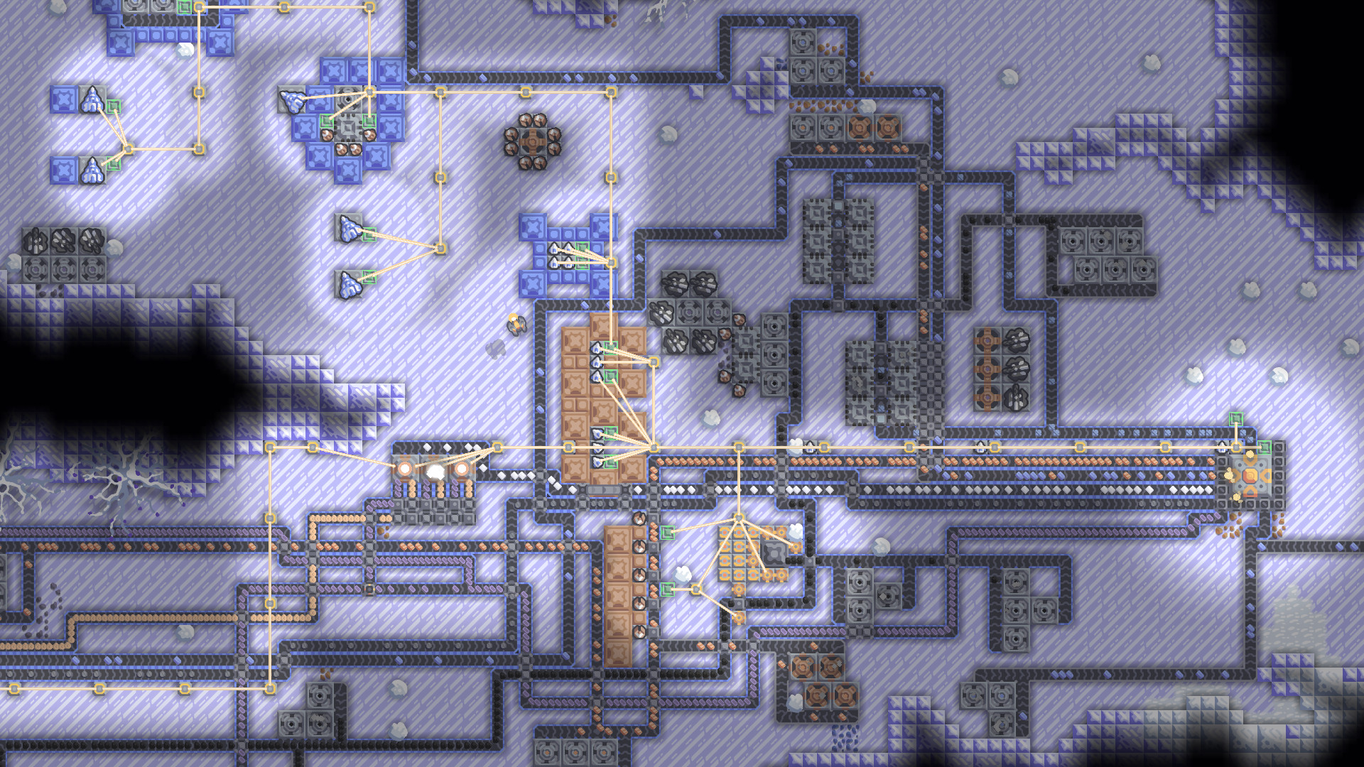 Mindustry公式紹介画面:雪の地域で長い輸送路を追う