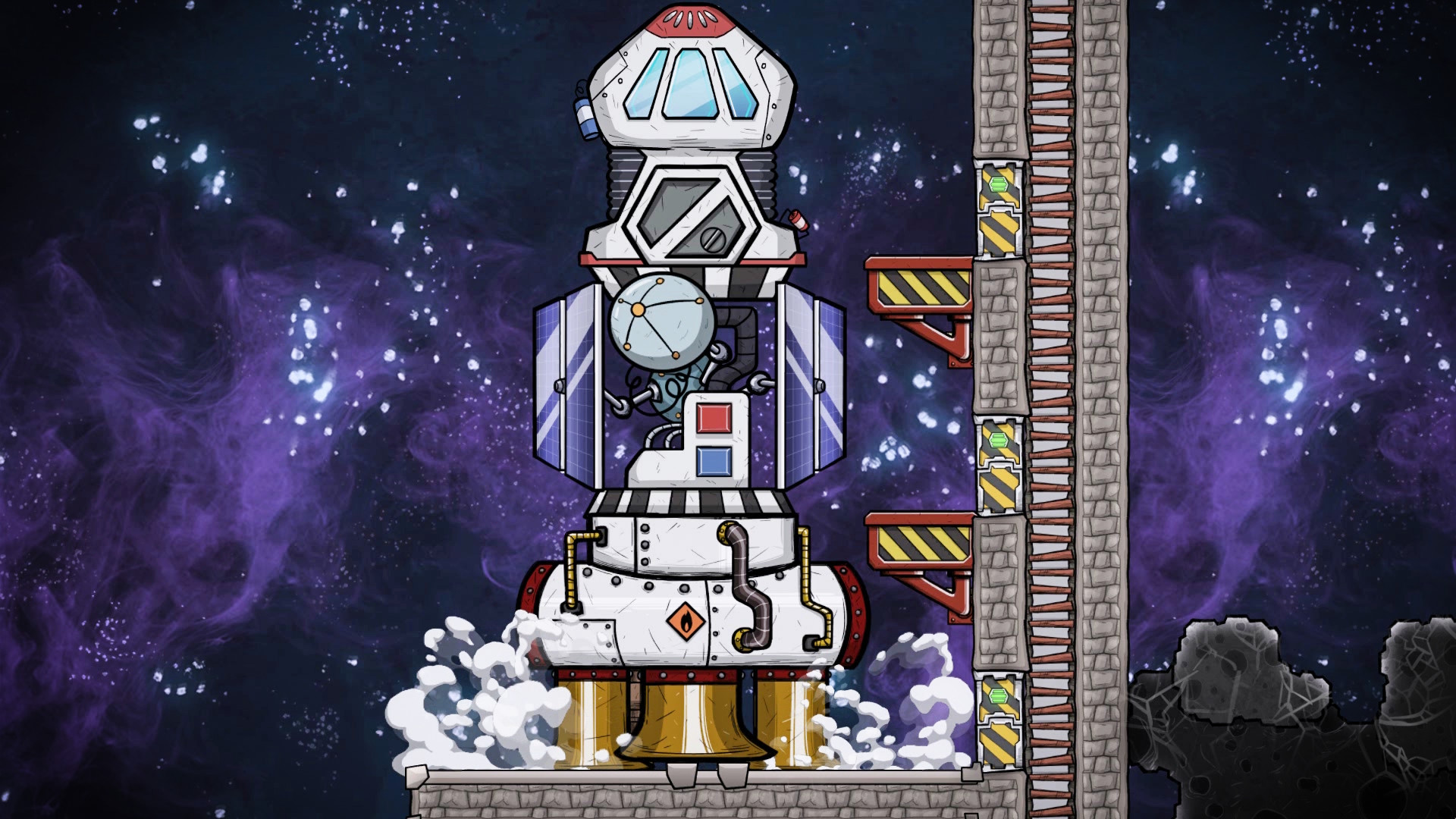 Oxygen Not Included公式紹介画面：ロケットの紹介カットと、追加DLCの拡張を分ける