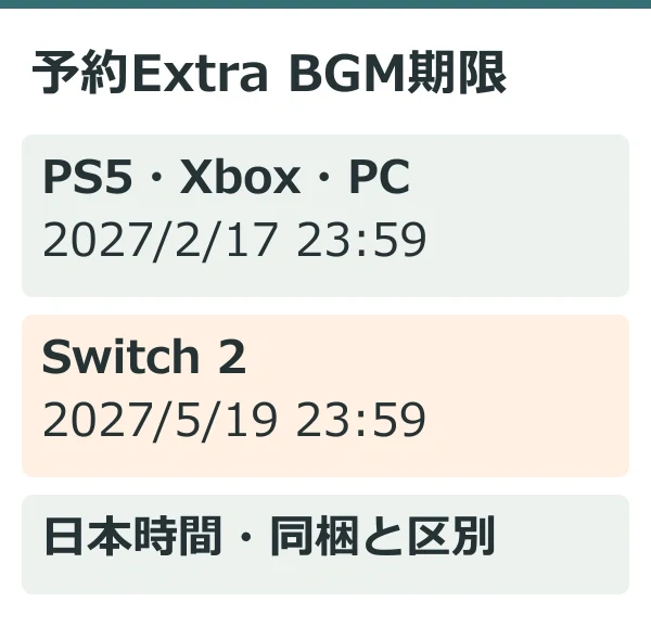 予約Extra BGM期限(公式情報を整理した独自説明図)