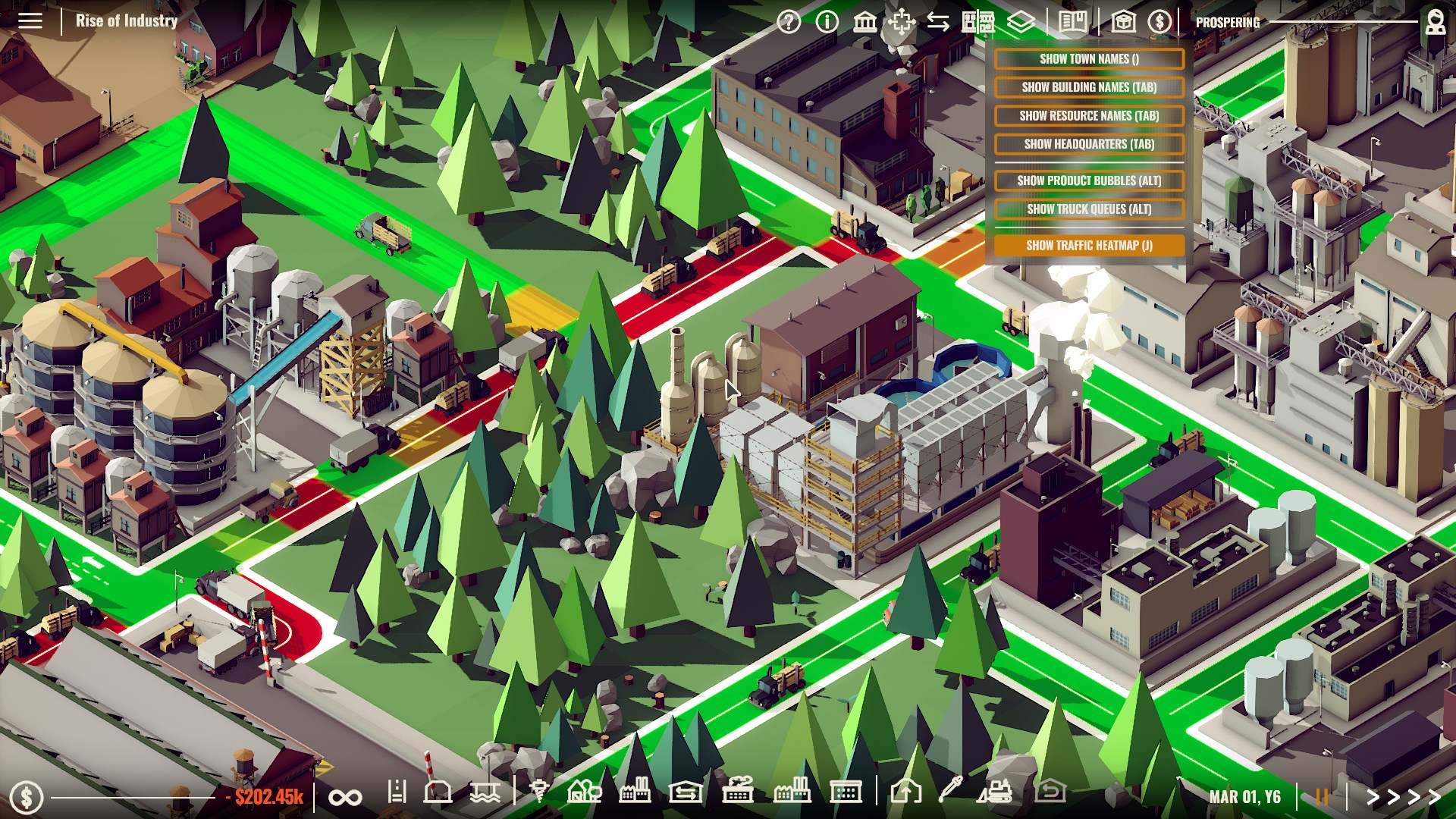 Rise of Industry公式紹介画面：道路の色分けと、工場の並びを見比べる