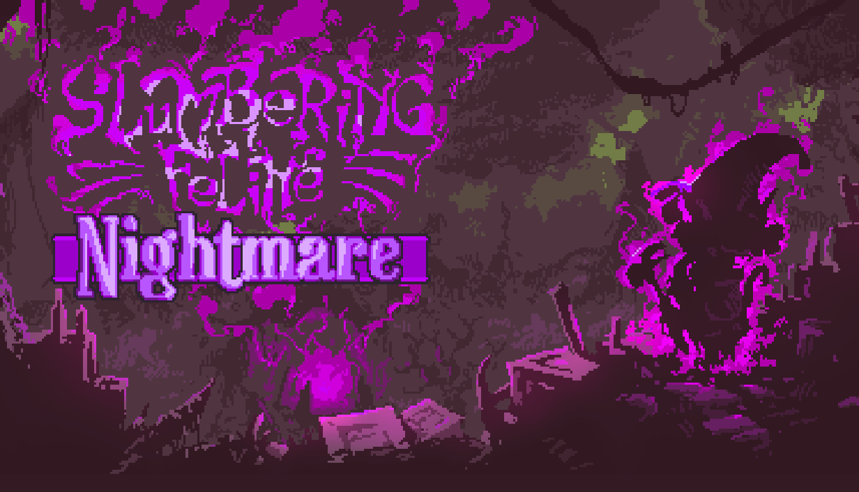 紫色のロゴと夜の森が描かれたSlumbering Feline Nightmare DLCの公式ビジュアル