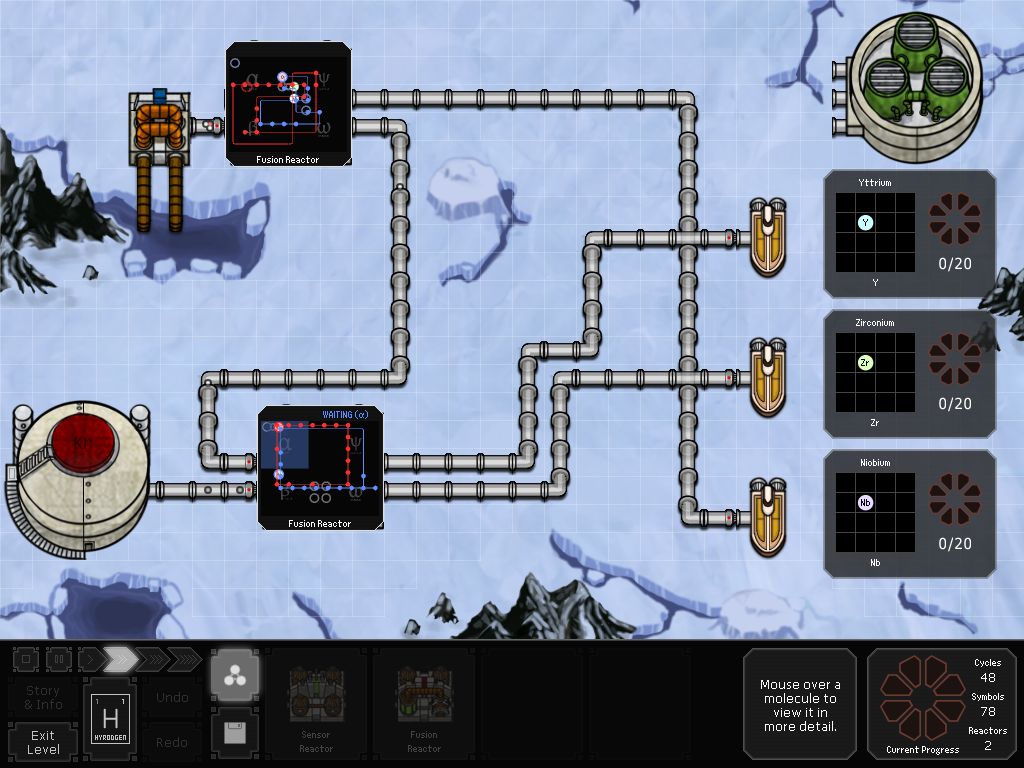 SpaceChem公式紹介画面:雪の地形では、建物同士の接続を見渡す