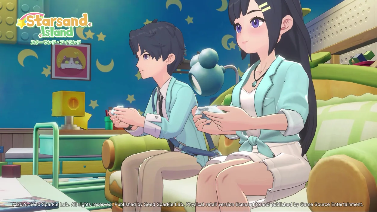 島でくつろぐ登場人物のゲーム画面