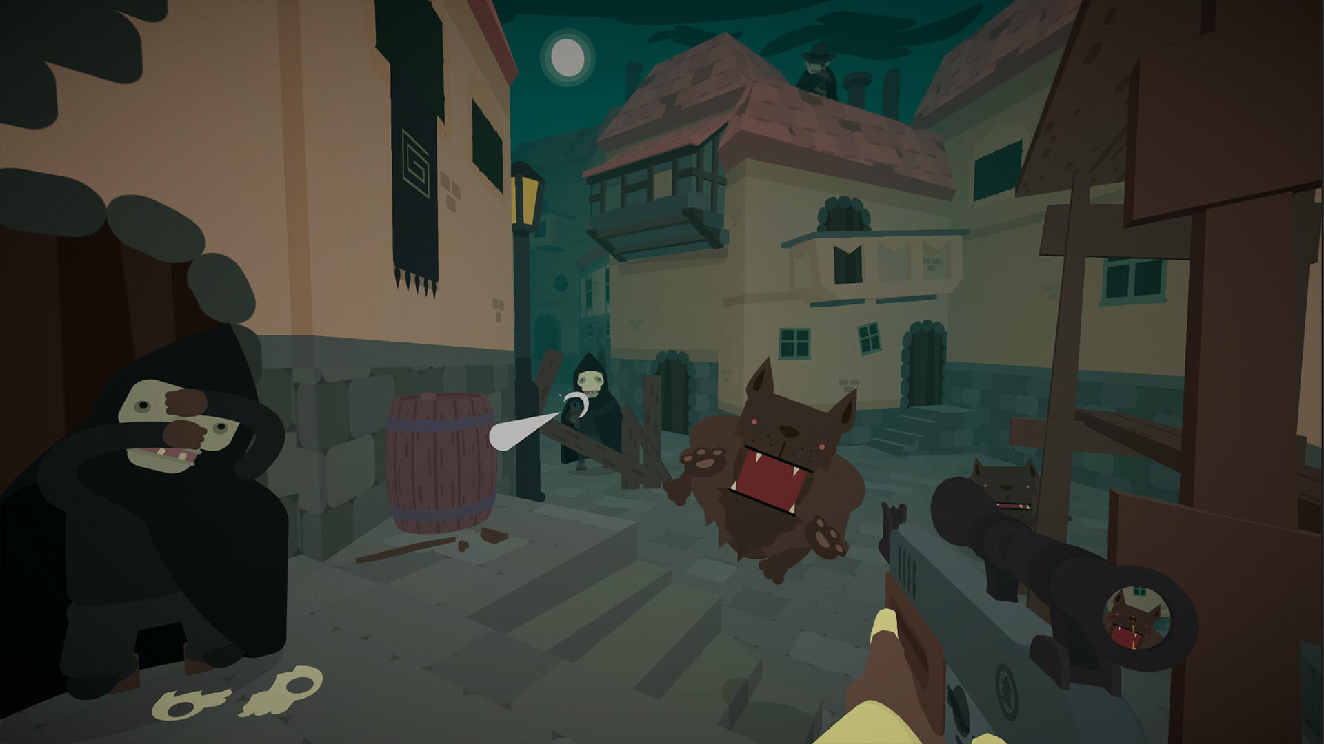 SULFURの夜の街で敵と向き合う一人称視点のゲーム画面
