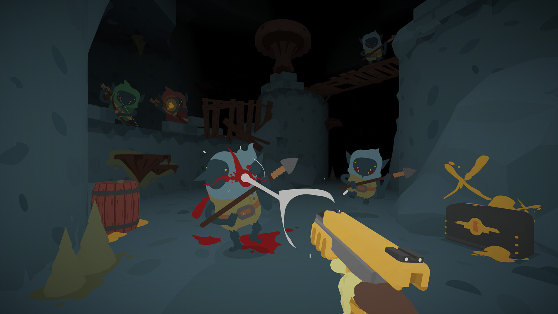 SULFURの洞窟で複数の敵に向けて銃を構えるゲーム画面