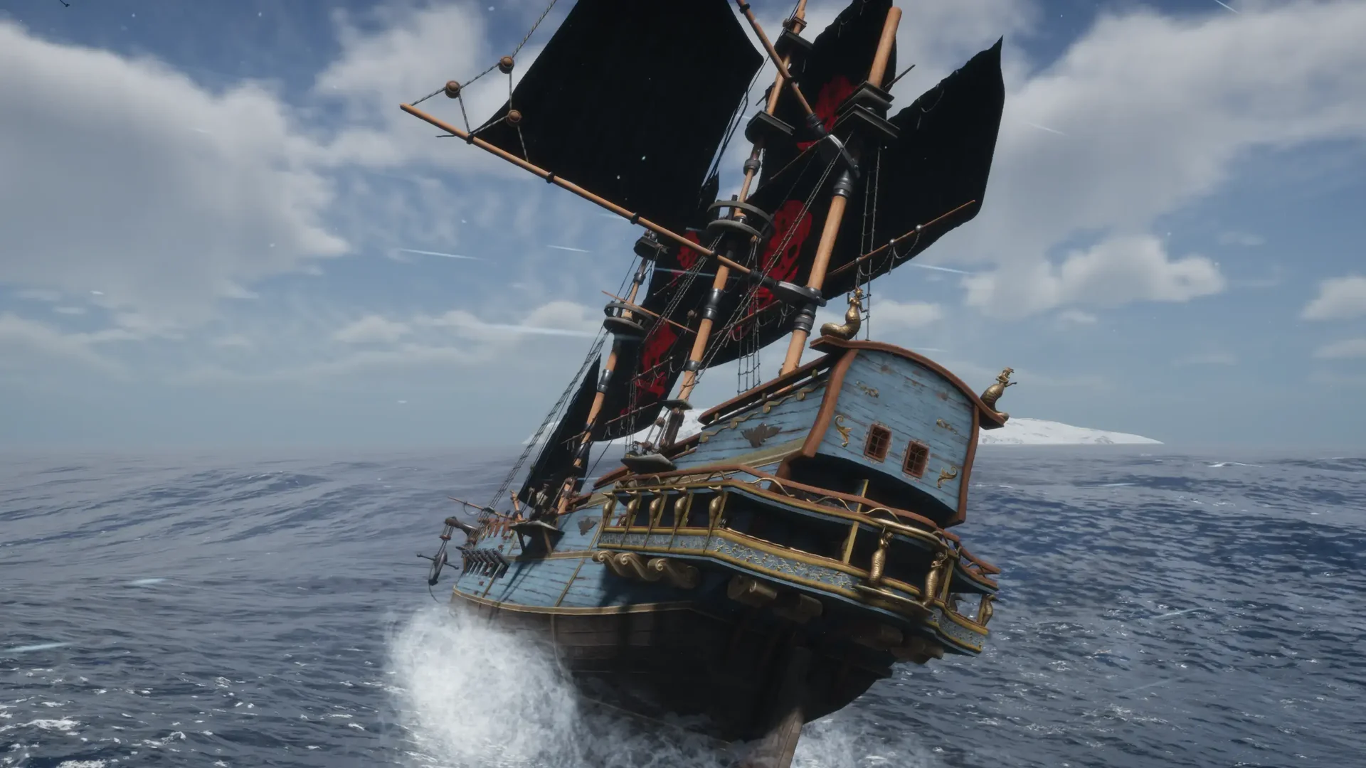 黒い帆の船が海を進むThe Quinfall公式ゲーム画面
