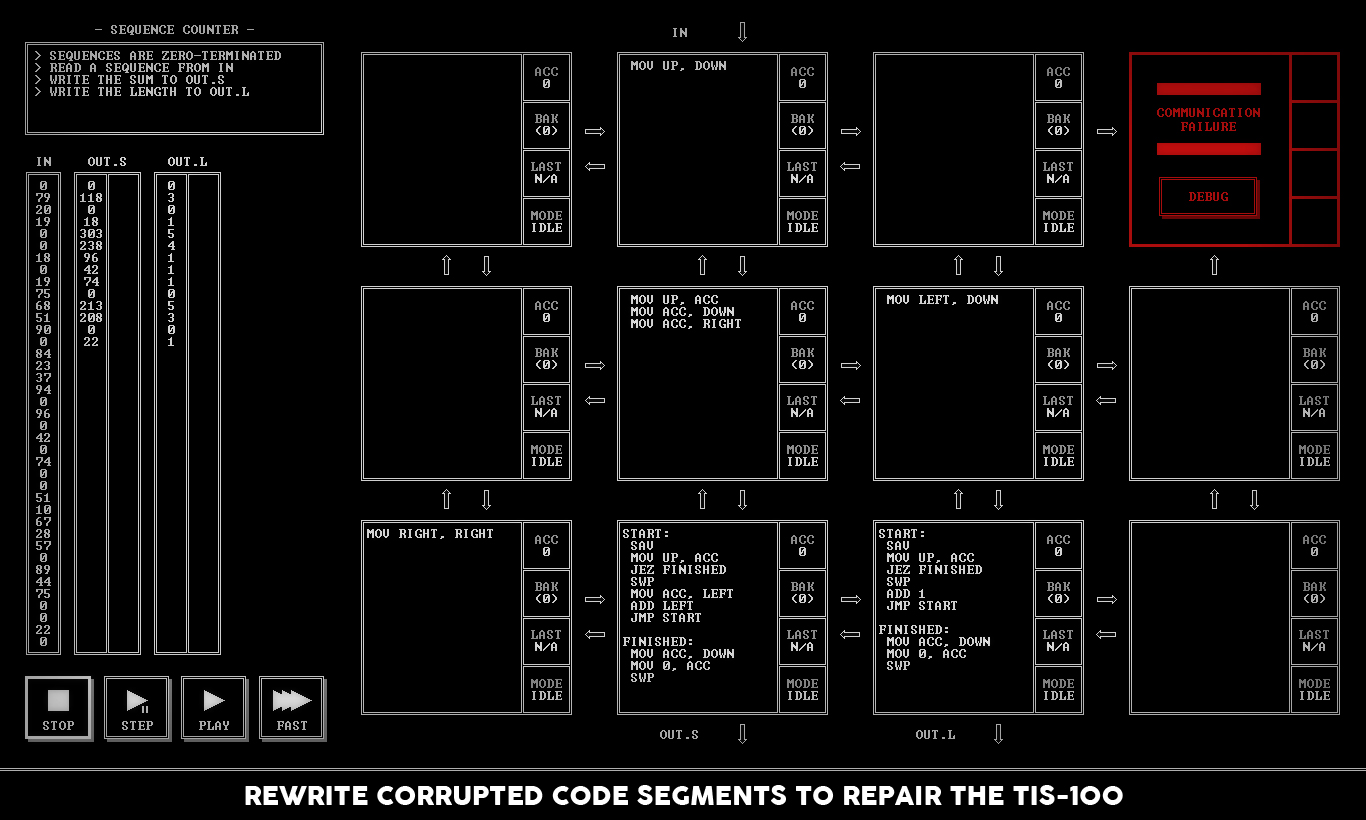 TIS-100公式紹介画面:ノードごとの短いプログラムと、入出力を見る