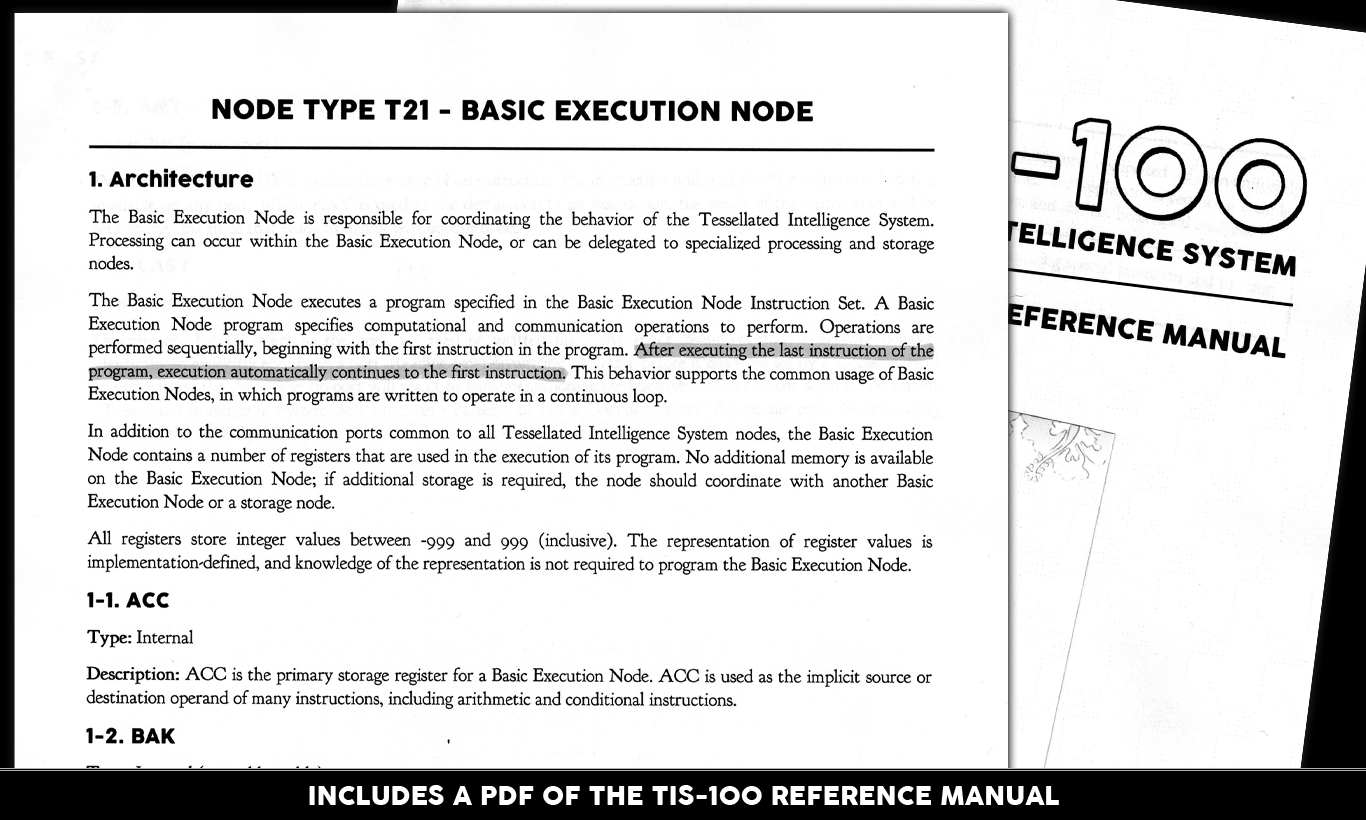 TIS-100公式紹介画面:古いコンピューターの説明書のような資料を読む
