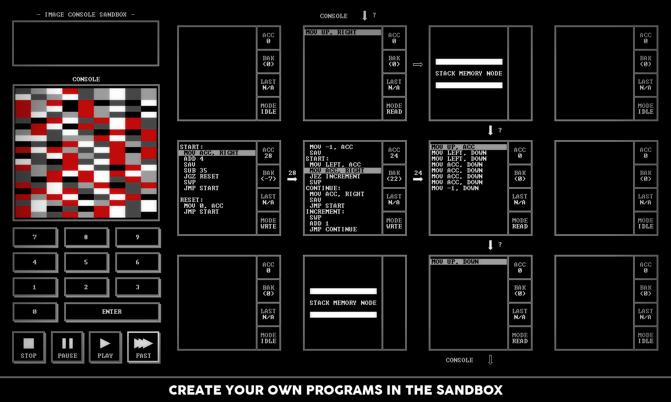 TIS-100公式紹介画面:ビジュアルコンソールで、コードの結果を画面に出す