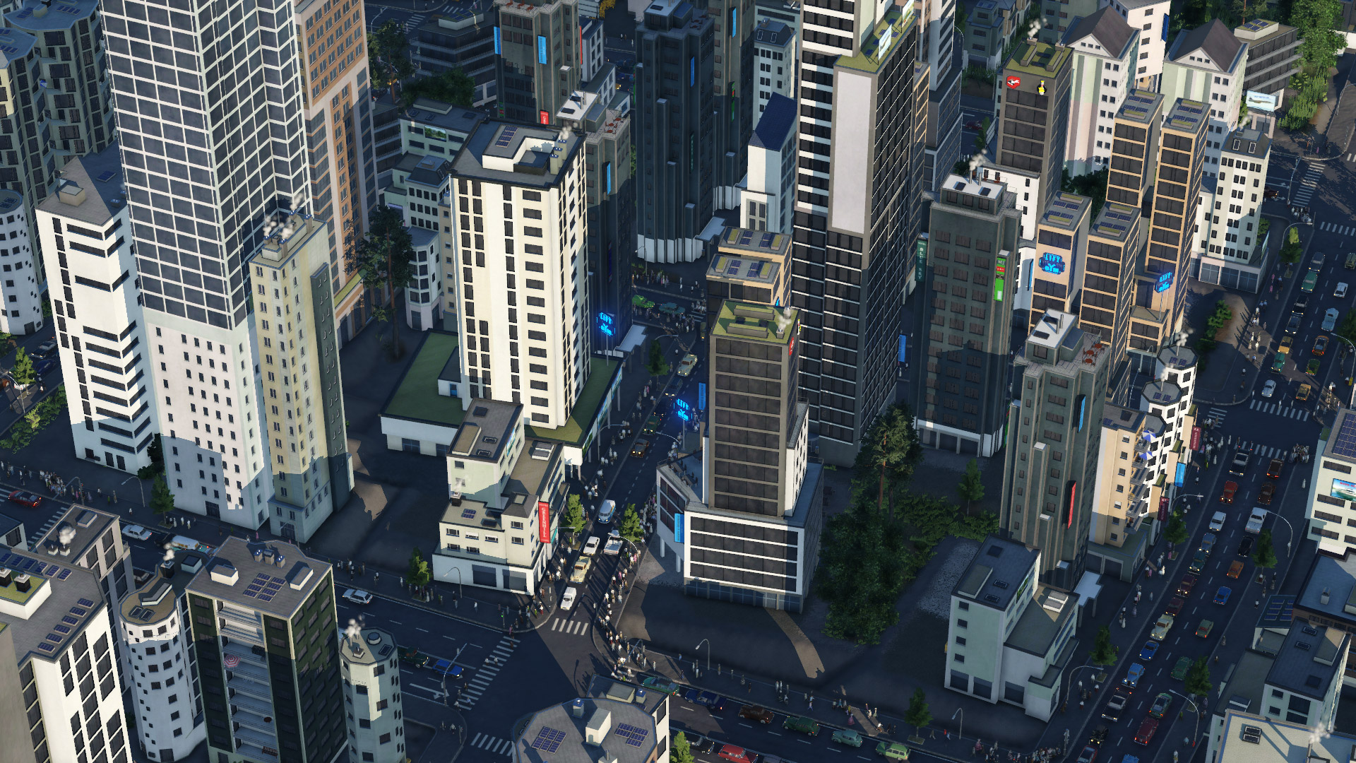Transport Fever 2公式紹介画面：高層の都市で、人が移動する場所を見る
