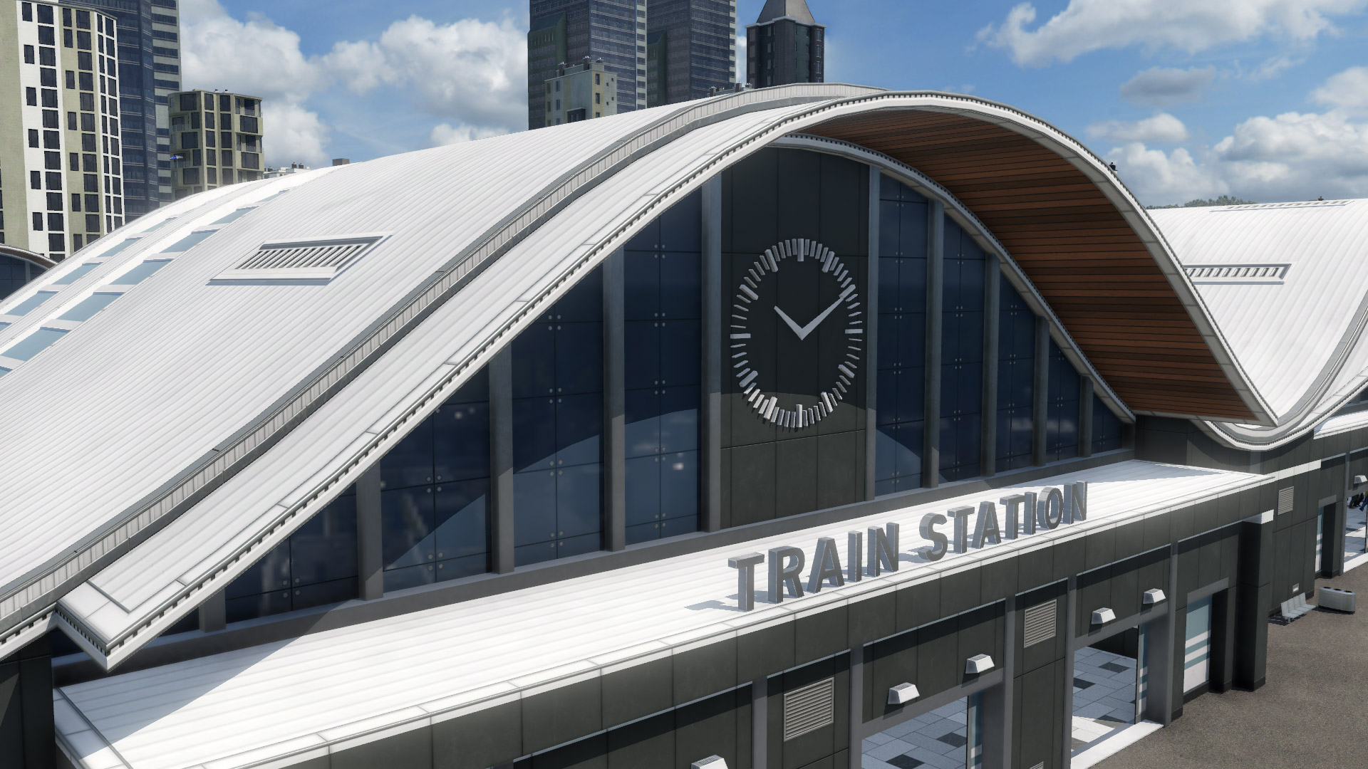 Transport Fever 2公式紹介画面：駅舎を町の交通の結節点として見る