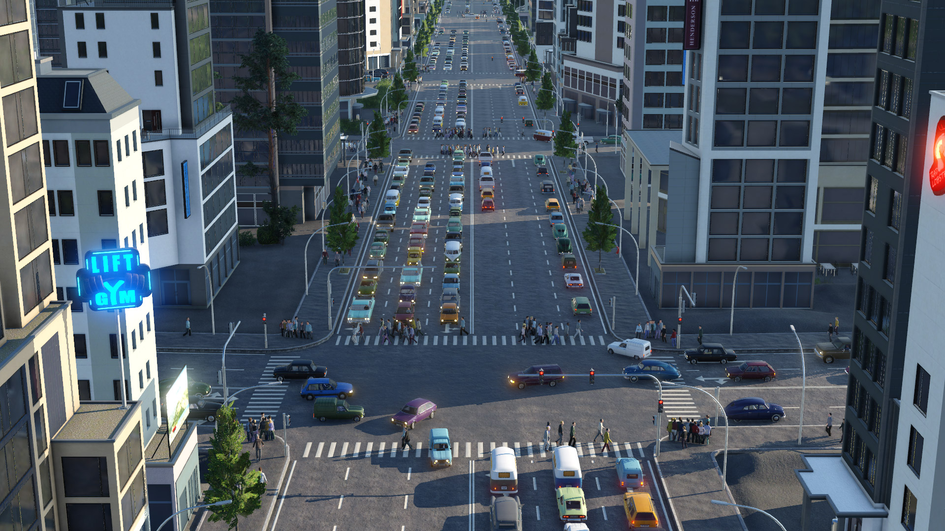 Transport Fever 2公式紹介画面：道路を使う車両と交差点の流れを確認