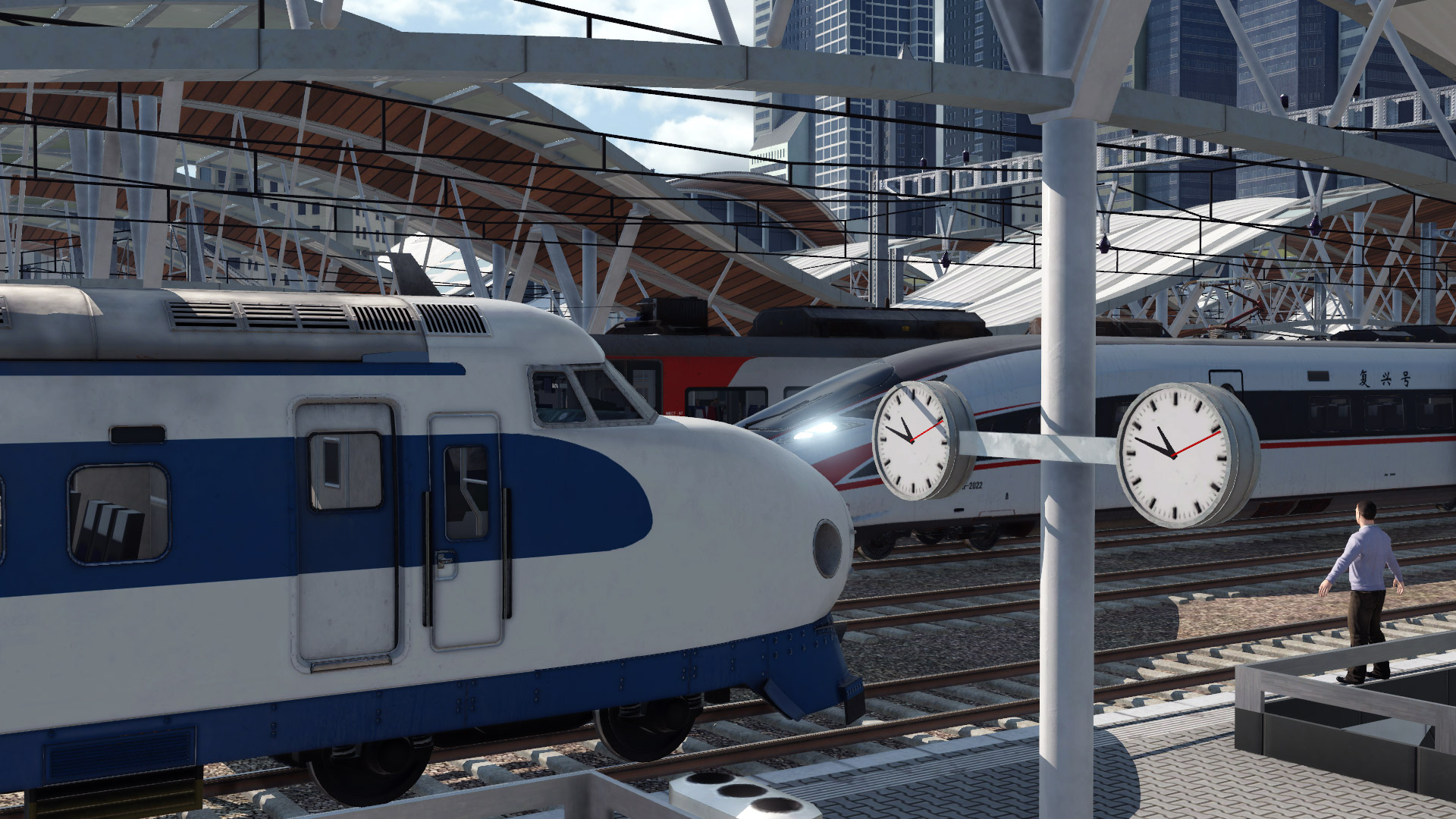 Transport Fever 2公式紹介画面：ホームに並ぶ列車と利用する人を見る