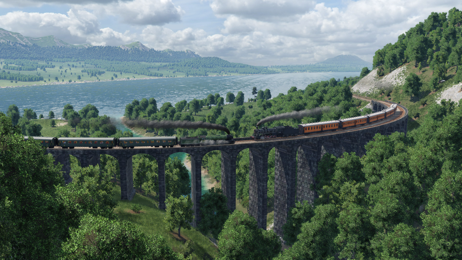 Transport Fever 2公式紹介画面：高低差をまたぐ線路を計画する