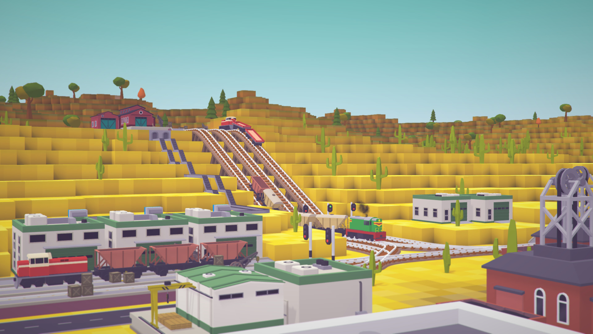 Voxel Tycoon公式紹介画面:段差のある土地へ、生産と輸送を組み込む