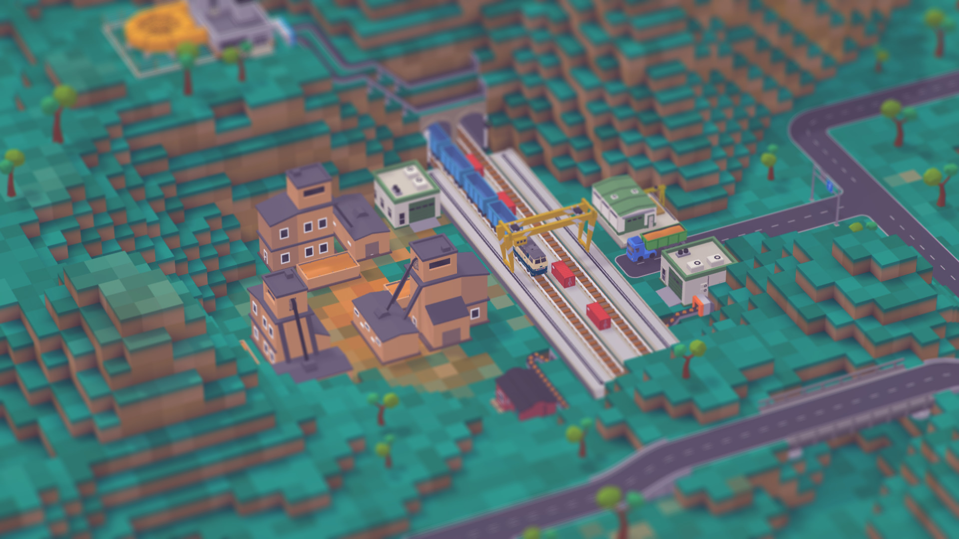 Voxel Tycoon公式紹介画面:丘陵の生産地を、周辺の交通へ接続する