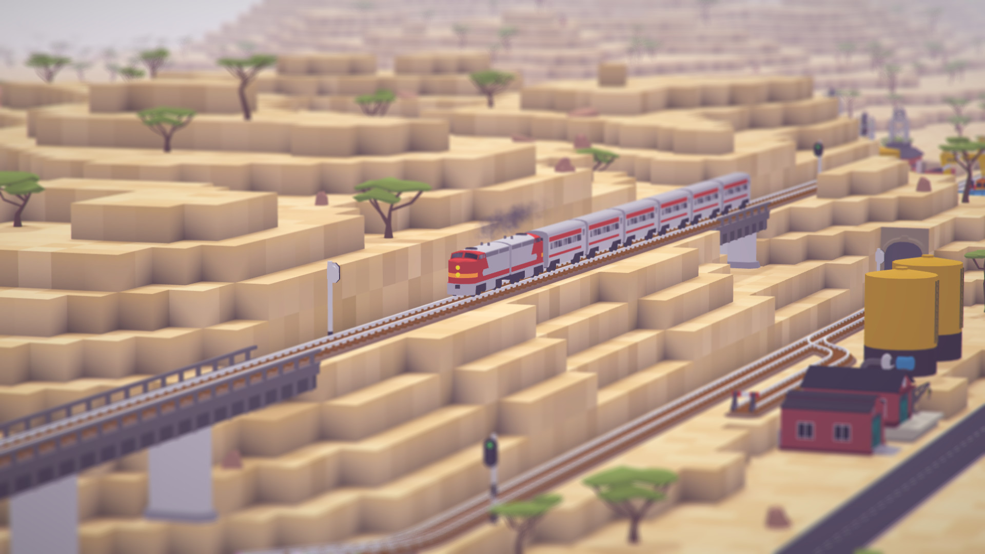 Voxel Tycoon公式紹介画面:橋の上を走る列車と、地形の高低差を見る