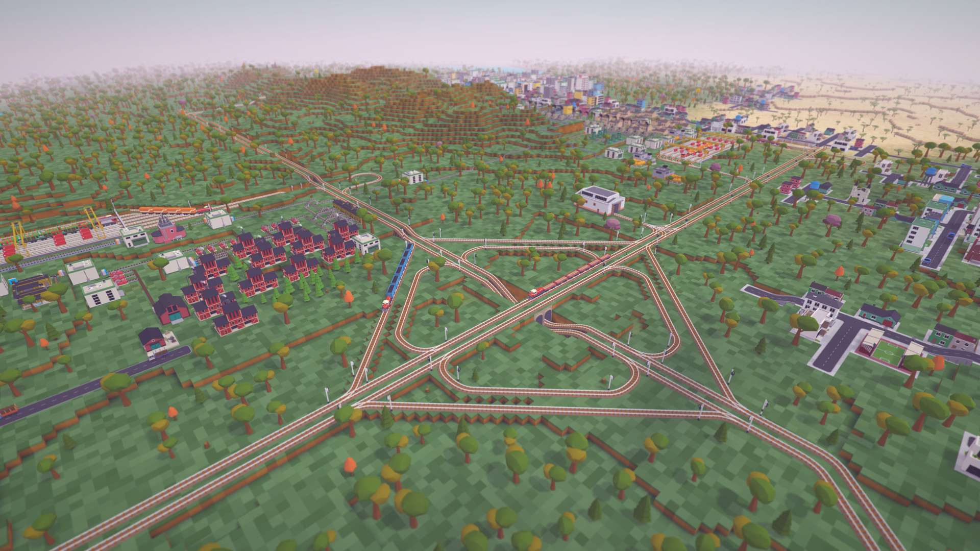 Voxel Tycoon公式紹介画面:線路が集まる場所を、都市間の接続として見る