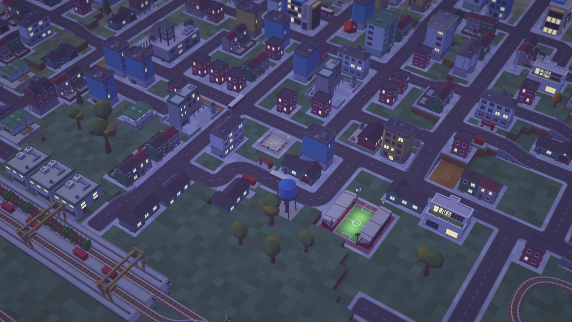 Voxel Tycoon公式紹介画面:夜の都市を、運行の景観として眺める