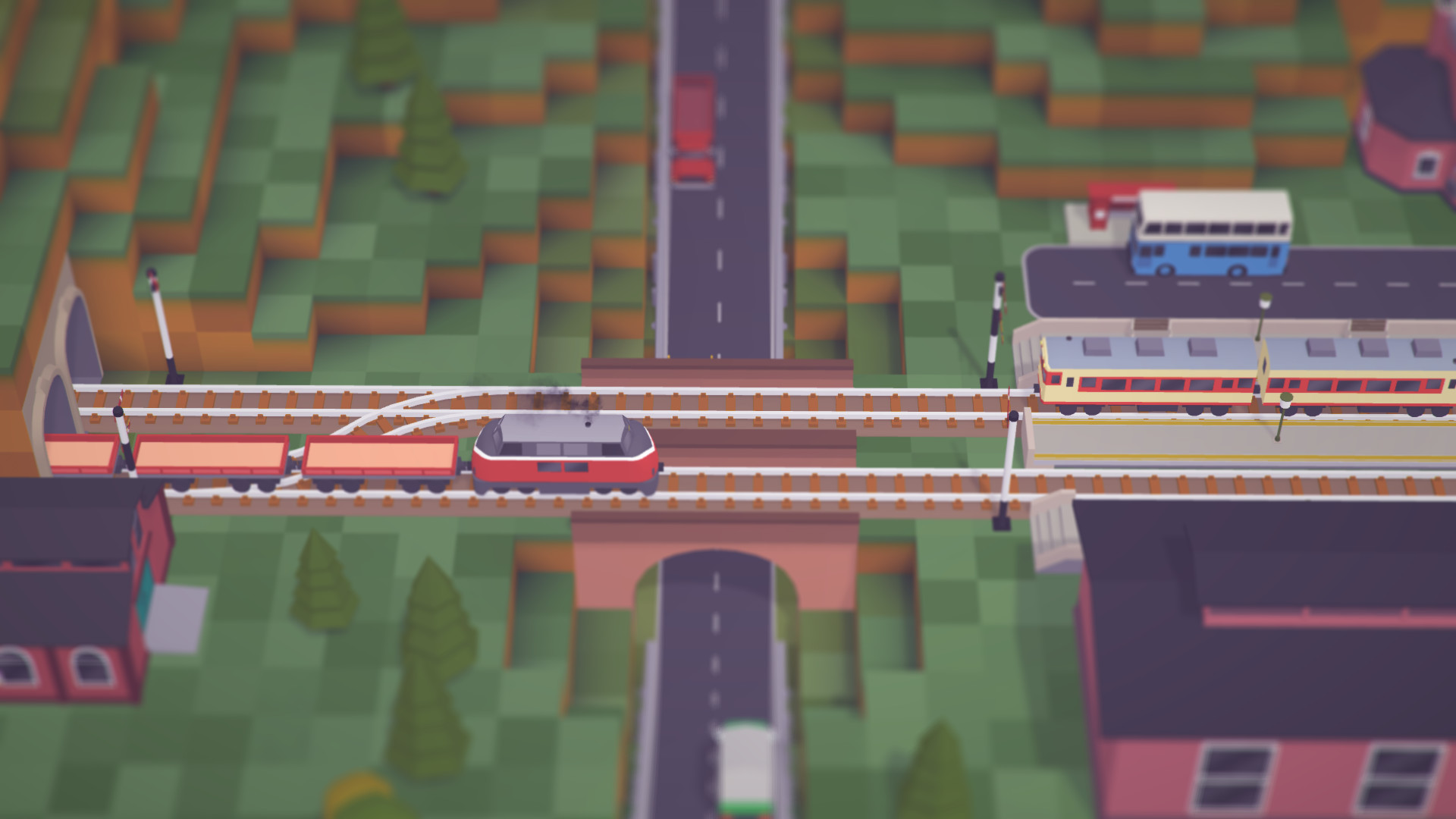 Voxel Tycoon公式紹介画面:旅客を運ぶ列車とバスを組み合わせる