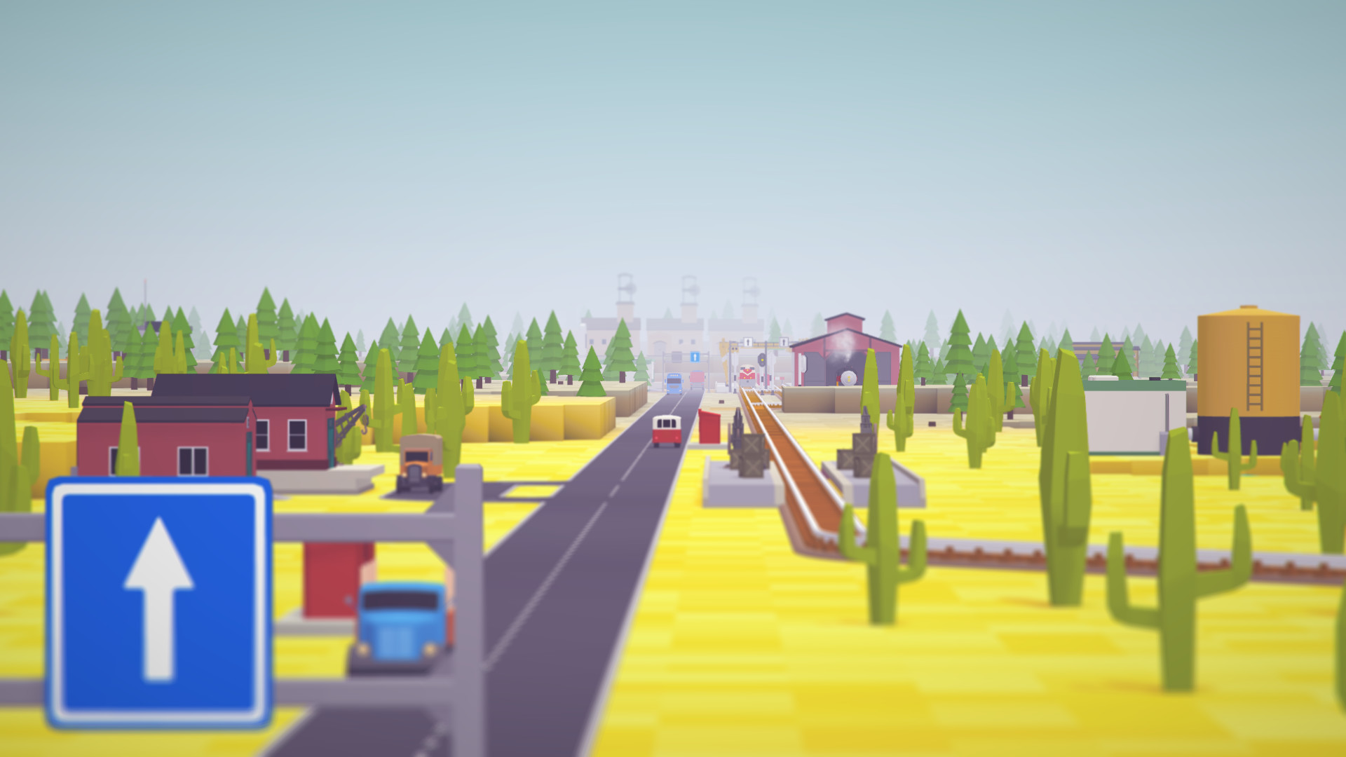 Voxel Tycoon公式紹介画面:地上に近い視点で、車両と工場を眺める