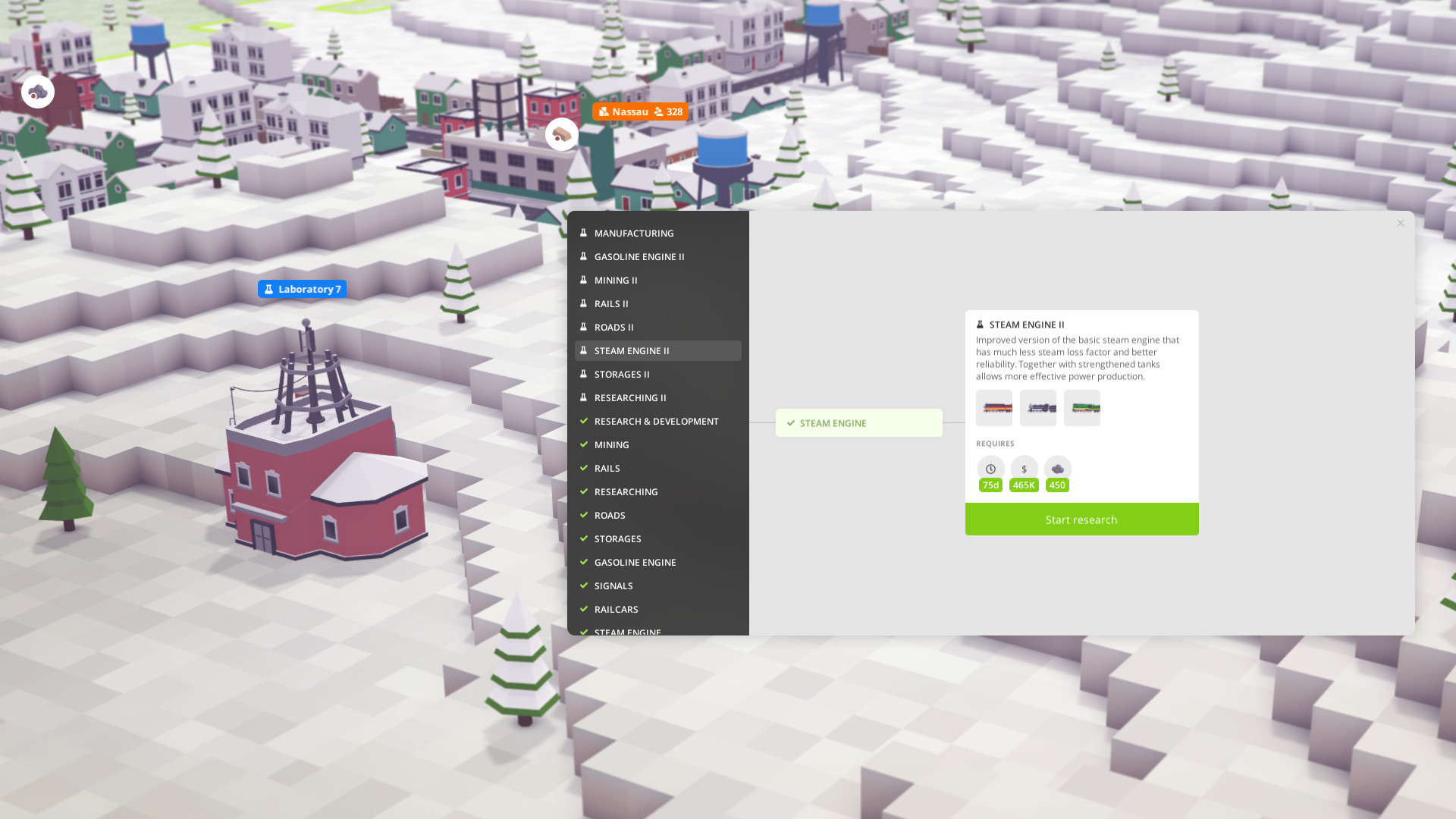 Voxel Tycoon公式紹介画面:車両の設定画面を、雪景色の拠点で見る