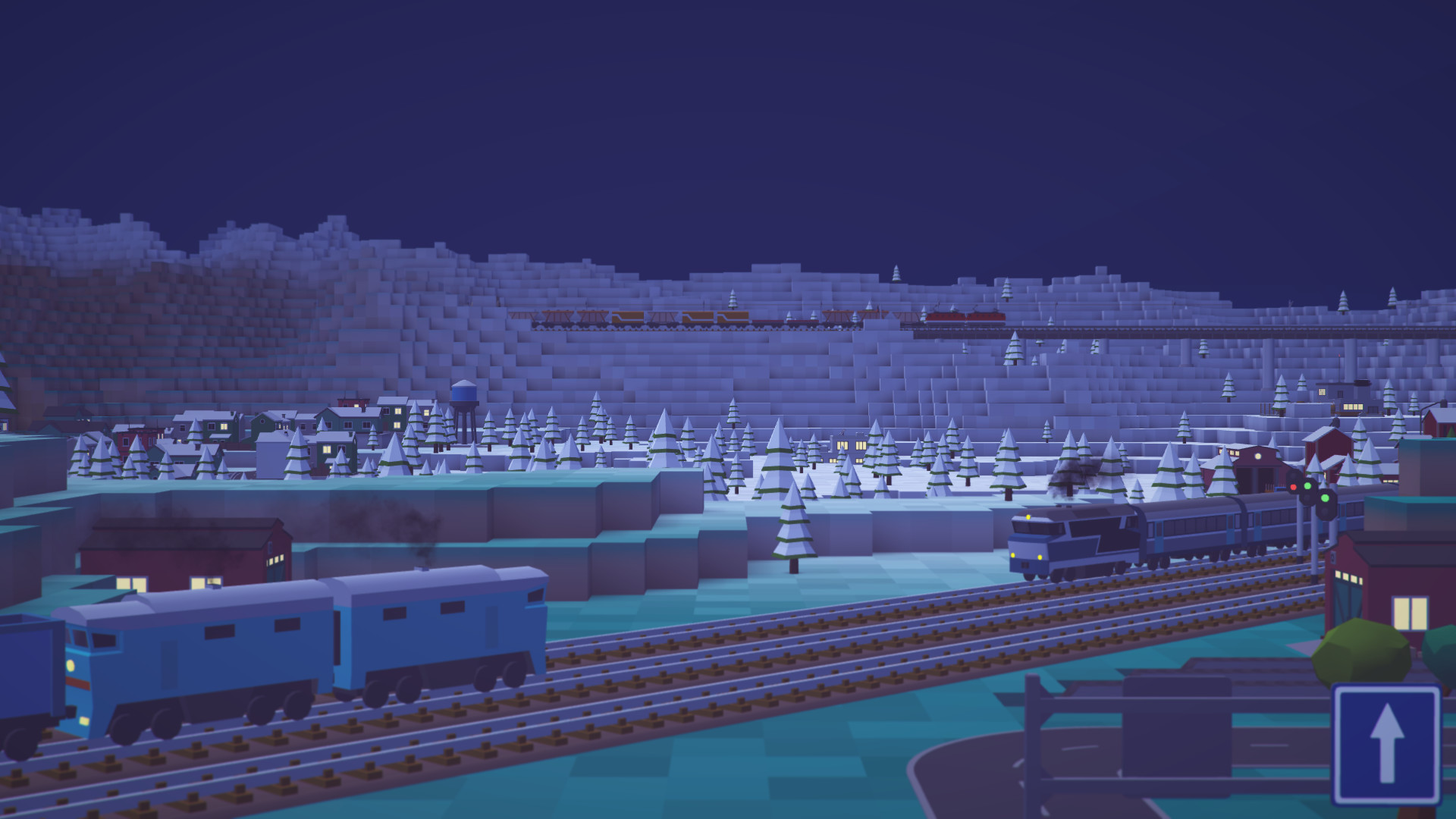 Voxel Tycoon公式紹介画面:雪の夜景で、長い貨物列車を眺める